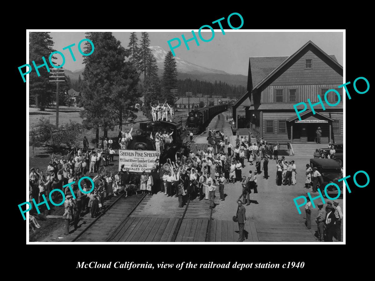 OLD LARGE HISTORIC PHOTO McCLOUD CALIFORNIA RAILROAD DEPOT STATION c1940