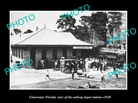 OLD LARGE HISTORIC PHOTO CLEARWATER FLORIDA, THE RAILROAD DEPOT STATION c1920