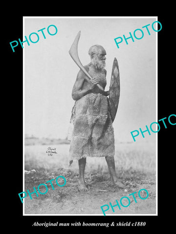 OLD LARGE HISTORIC PHOTO ABORIGINAL MAN WITH BOOMERANG & SHIELD c1880