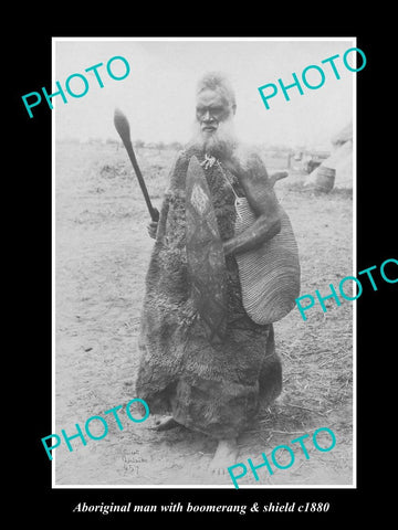 OLD LARGE HISTORIC PHOTO ABORIGINAL MAN WITH CLUB & SHIELD c1880