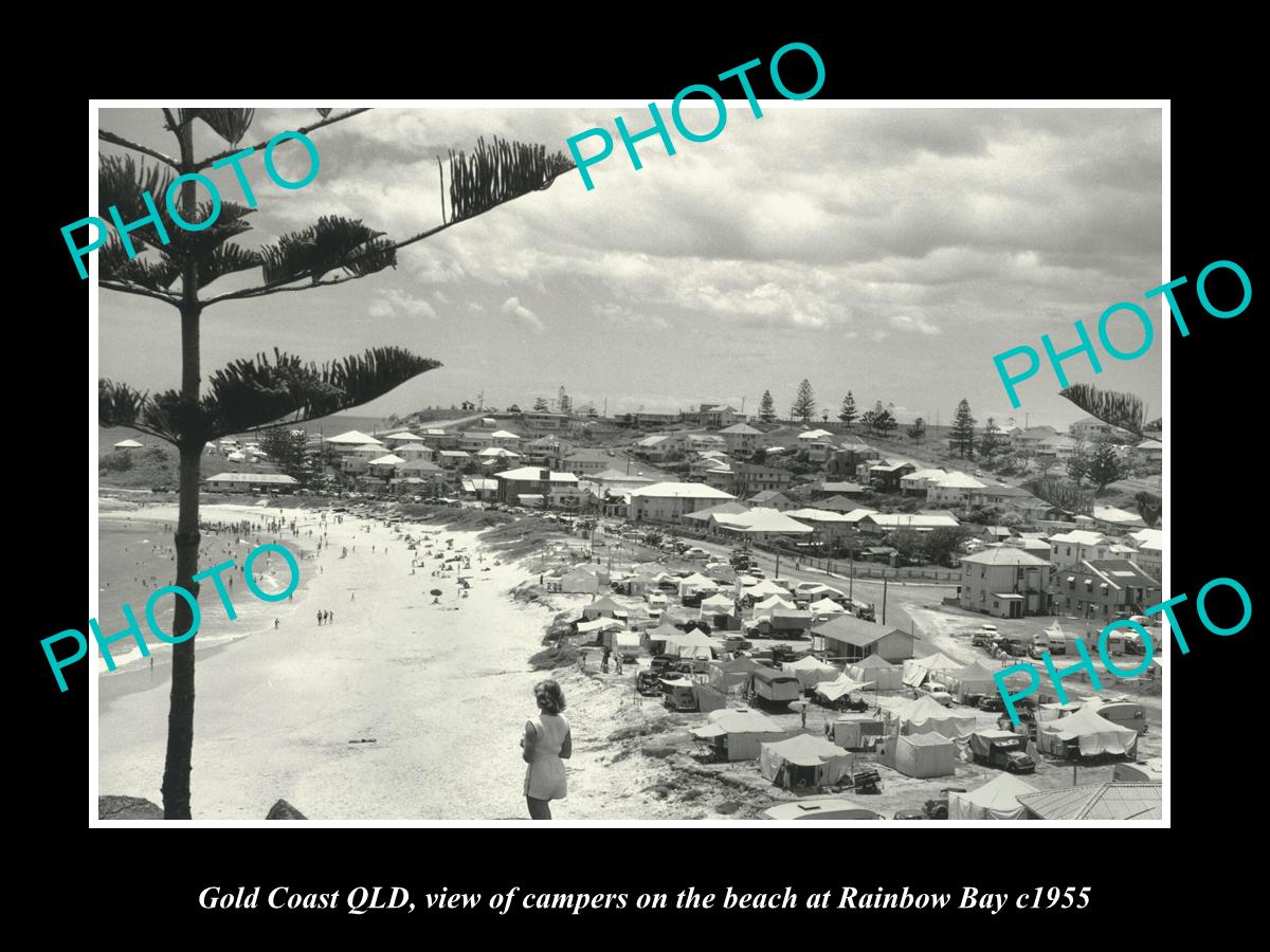 OLD LARGE HISTORIC PHOTO GOLD COAST QUEENSLAND, CAMPERS AT RAINBOW BAY c1955