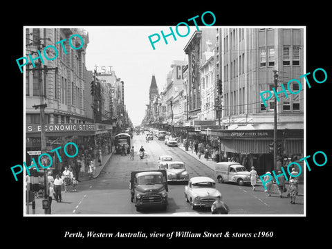 OLD LARGE HISTORIC PHOTO PERTH WESTERN AUSTRALIA, WILLIAM ST & STORES c1960