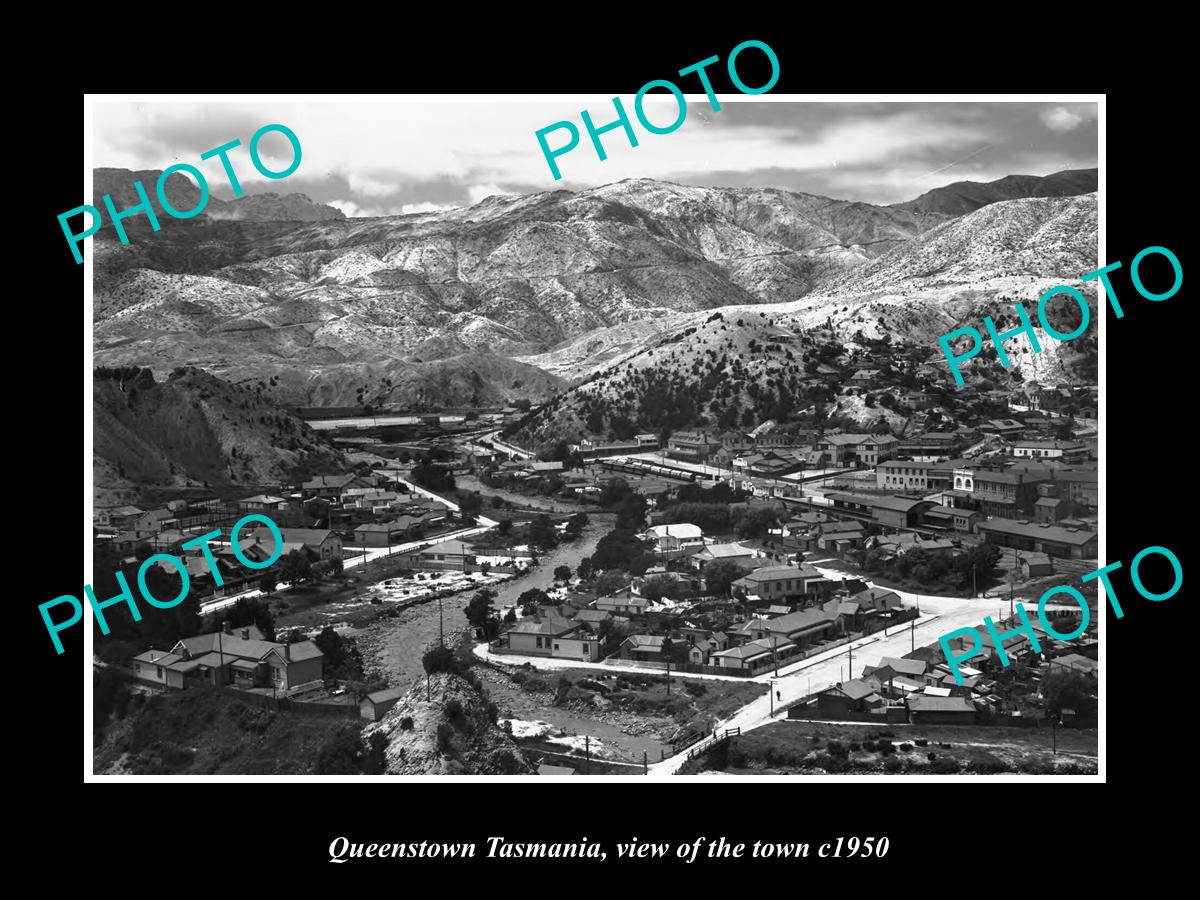 OLD LARGE HISTORIC PHOTO QUEENSTOWN TASMANIA, VIEW OF THE TOWN c1950