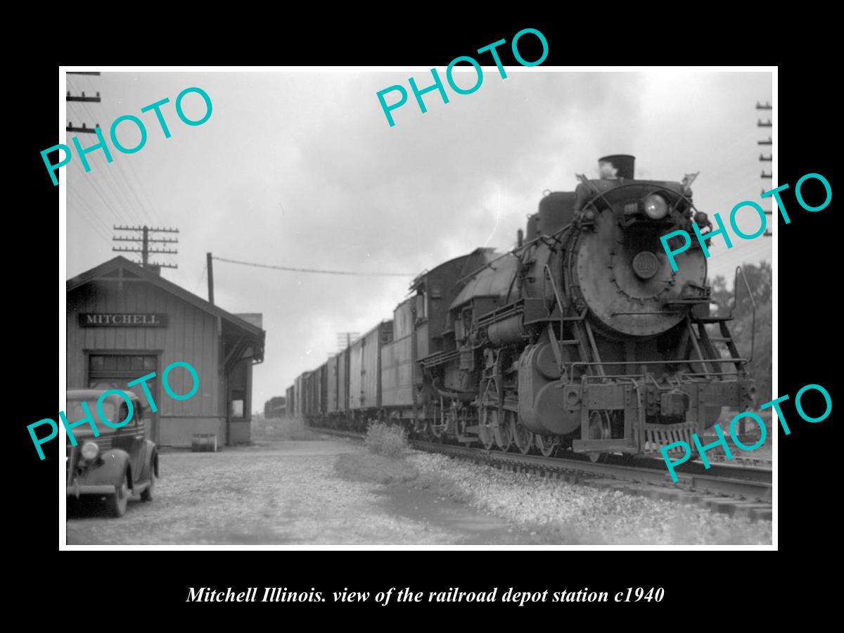 OLD LARGE HISTORIC PHOTO OF MITCHELL ILLINOIS, THE RAILROAD DEPOT STATION c1940