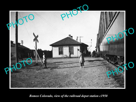 OLD LARGE HISTORIC PHOTO OF ROMEO COLORADO, THE RAILROAD DEPOT STATION c1950