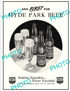 OLD LARGE HISTORIC ADVERTISING POSTER, ST LOUIS MISSOURI HYDE PARK BEER c1940s