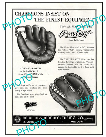 OLD LARGE HISTORIC POSTER, ST LOUIS MISSOURI RAWLINGS BASEBALL GLOVES c1940s