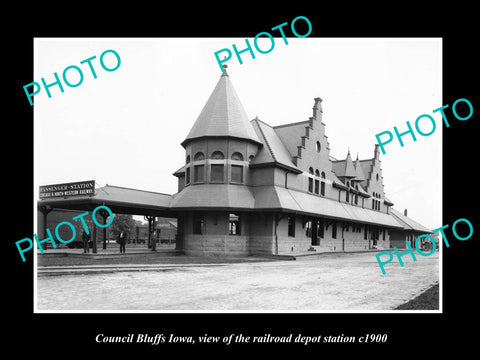 OLD LARGE HISTORIC PHOTO OF COUNCIL BLUFFS IOWA, RAILROAD DEPOT STATION c1900