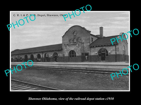 OLD LARGE HISTORIC PHOTO OF SHAWNEE OKLAHOMA, THE RAILROAD DEPOT STATION c1910