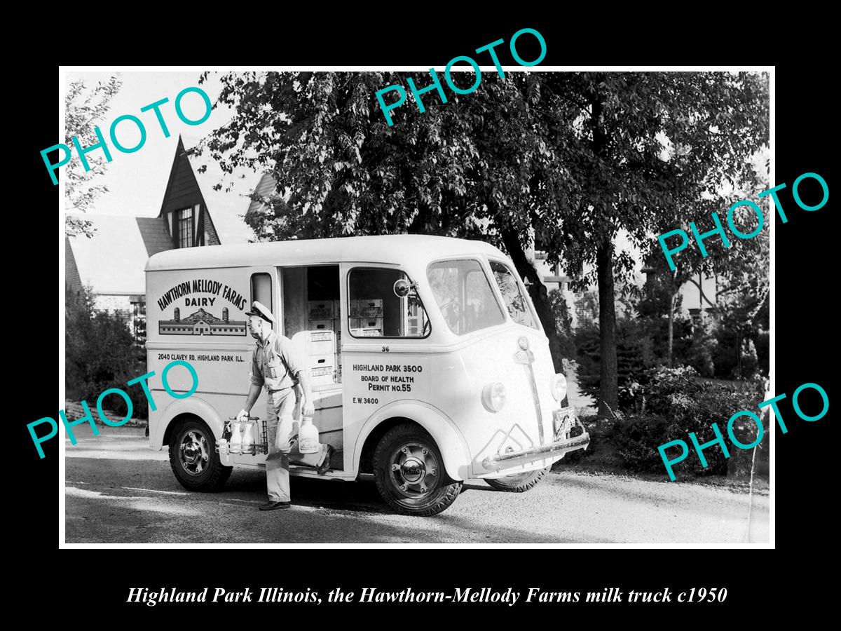 OLD LARGE HISTORIC PHOTO HIGHLAND PARK ILLINOIS, THE HAWTHORN MILK TRUCK c1950