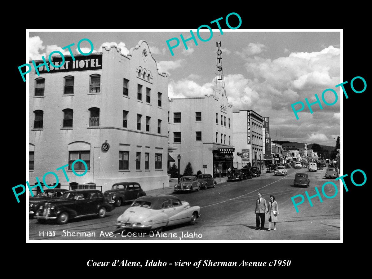 OLD LARGE HISTORIC PHOTO COEUR D'ALENE IDAHO, VIEW OF SHERMAN AVE c1950