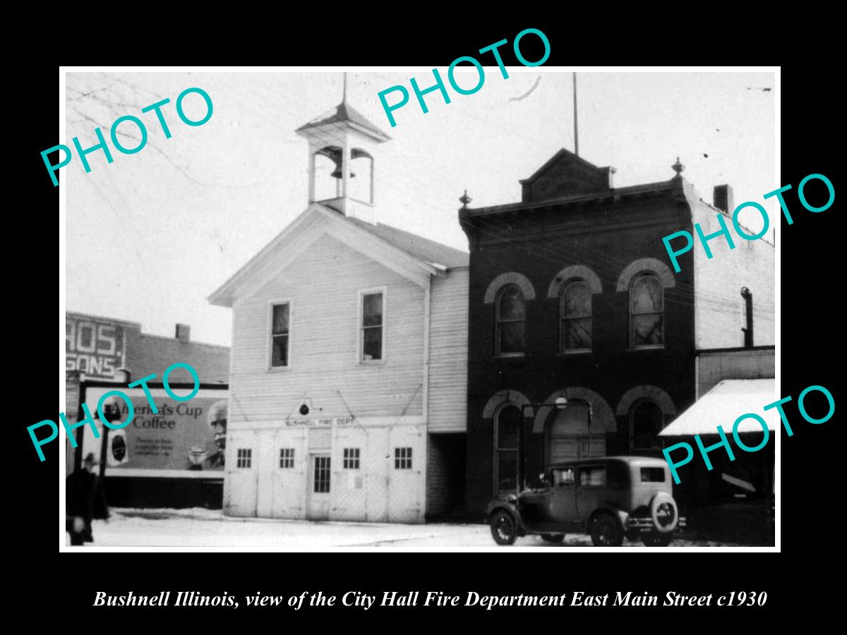 OLD LARGE HISTORIC PHOTO BUSHNELL ILLINOIS, THE FIRE DEPARTMENT & HALL c1930