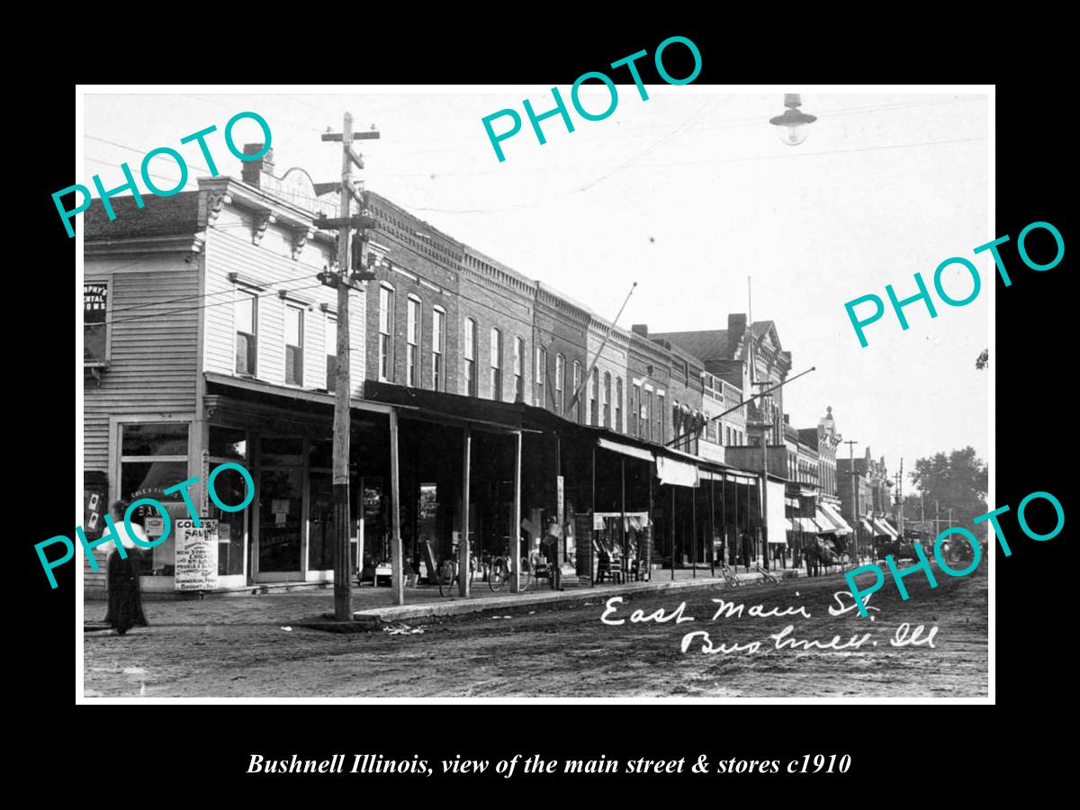 OLD LARGE HISTORIC PHOTO BUSHNELL ILLINOIS, THE MAIN STREET & STORES c1910