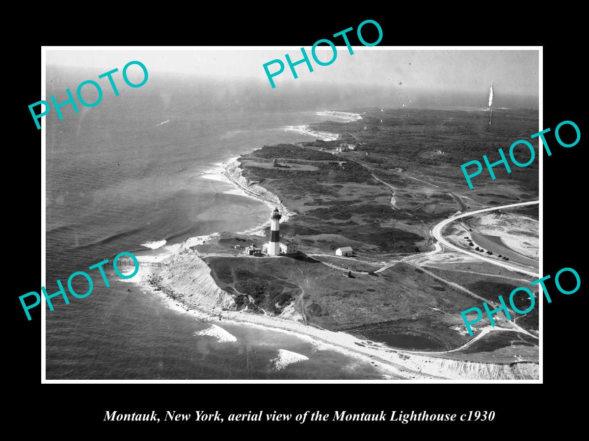 OLD LARGE HISTORIC PHOTO MONTAUK NEW YORK, AERIAL VIEW OF THE LIGHTHOUSE c1930