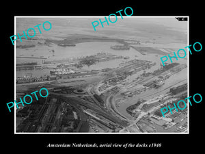 OLD LARGE HISTORIC PHOTO AMSTERDAM NETHERLANDS, AERIAL VIEW OF THE DOCKS c1940