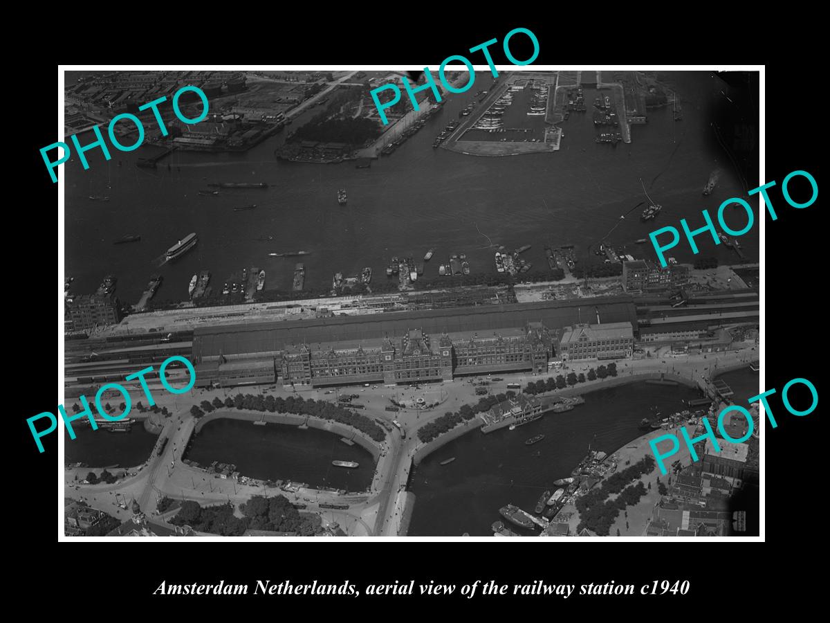 OLD LARGE HISTORIC PHOTO AMSTERDAM NETHERLANDS, AERIAL VIEW OF RAILWAY c1940