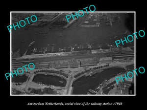 OLD LARGE HISTORIC PHOTO AMSTERDAM NETHERLANDS, AERIAL VIEW OF RAILWAY c1940