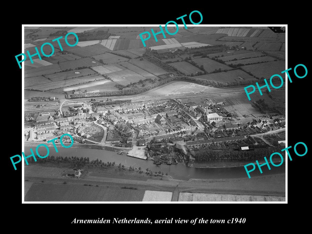 OLD LARGE HISTORIC PHOTO ARNEMUIDEN NETHERLANDS, AERIAL VIEW OF THE TOWN c1940