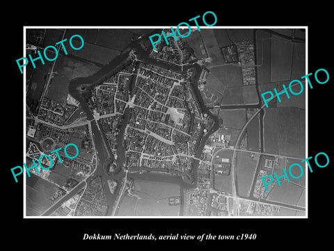 OLD LARGE HISTORIC PHOTO DOKKUM NETHERLANDS, AERIAL VIEW OF THE TOWN c1940