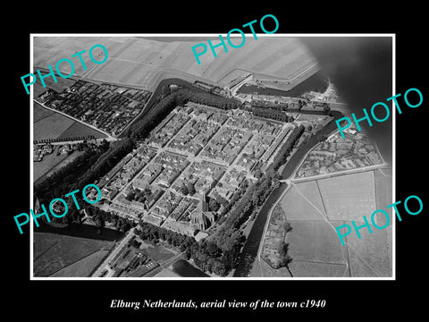 OLD LARGE HISTORIC PHOTO ELBURG NETHERLANDS, AERIAL VIEW OF THE TOWN c1940 1