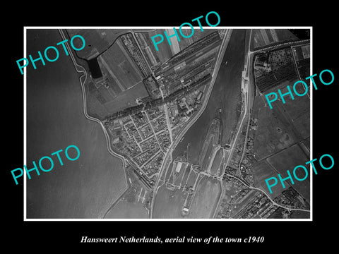 OLD LARGE HISTORIC PHOTO HANSWEERT NETHERLANDS, AERIAL VIEW OF THE TOWN c1940 1