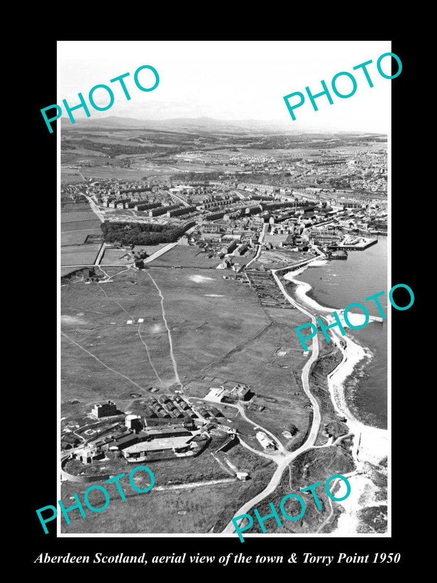 OLD LARGE HISTORIC PHOTO ABERDEEN SCOTLAND, AERIAL VIEW TOWN & TORRY PT c1950