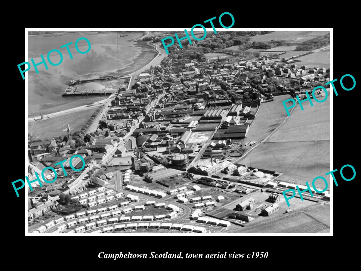 OLD LARGE HISTORIC PHOTO CAMPBELTOWN SCOTLAND, TOWN AERIAL VIEW c1950