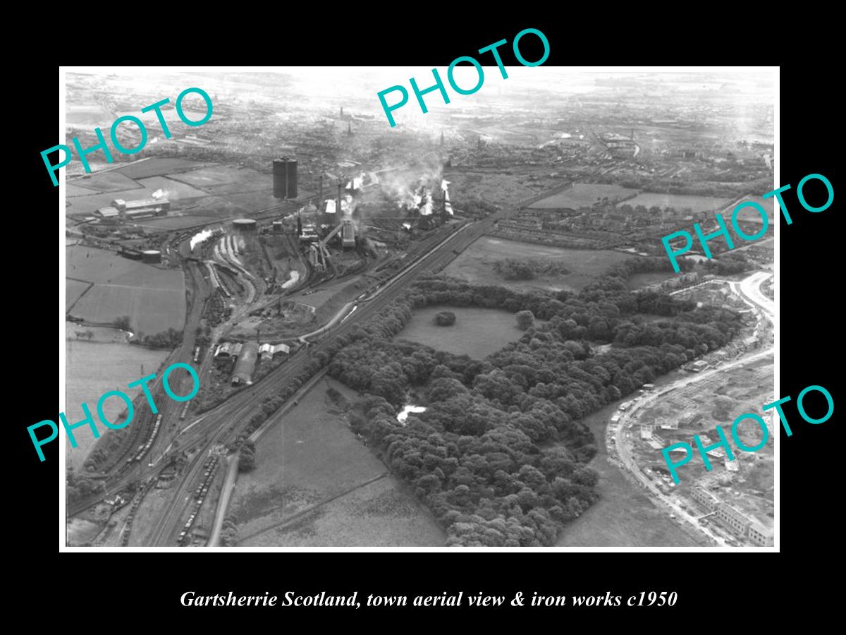 OLD LARGE HISTORIC PHOTO GARTSHERRIE SCOTLAND, TOWN AERIAL VIEW IRON WORKS c1950