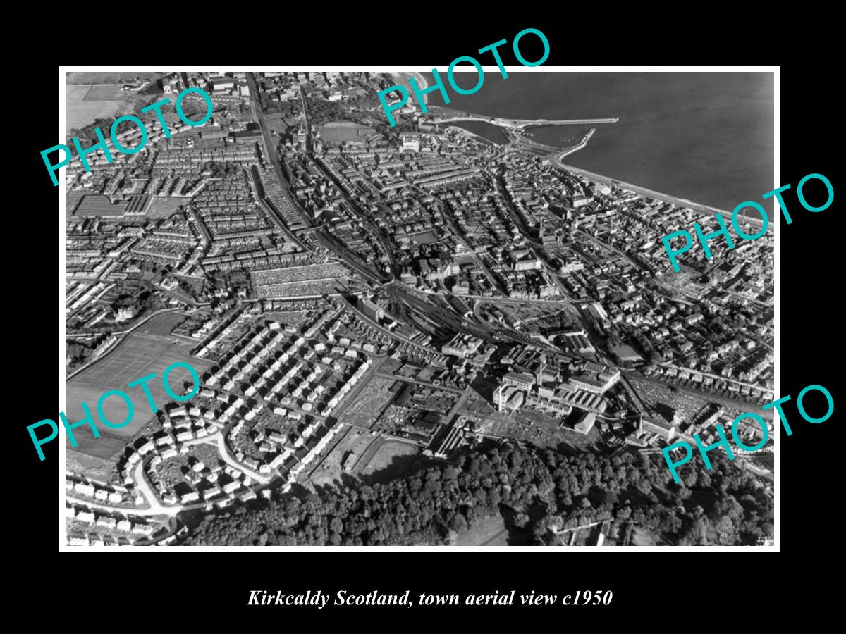 OLD LARGE HISTORIC PHOTO KIRKCALDY SCOTLAND, TOWN AERIAL VIEW c1950