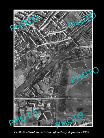 OLD LARGE HISTORIC PHOTO PERTH SCOTLAND, AERIAL VIEW RAILWAY & PRISON c1950