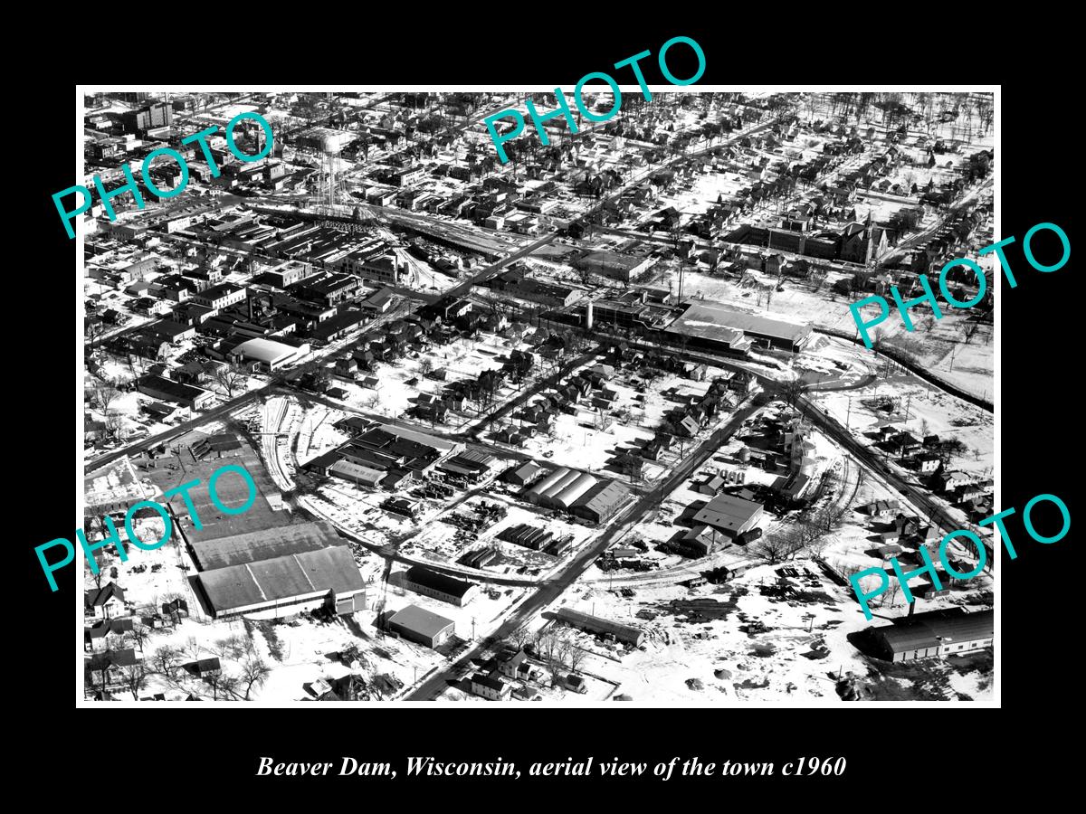 OLD LARGE HISTORIC PHOTO BEAVER DAM WISCONSIN, AERIAL VIEW OF THE TOWN c1960