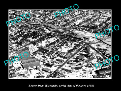 OLD LARGE HISTORIC PHOTO BEAVER DAM WISCONSIN, AERIAL VIEW OF THE TOWN c1960