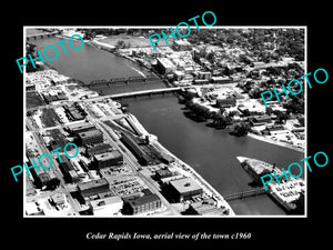 OLD LARGE HISTORIC PHOTO CEDAR RAPIDS IOWA, AERIAL VIEW OF THE TOWN c1960