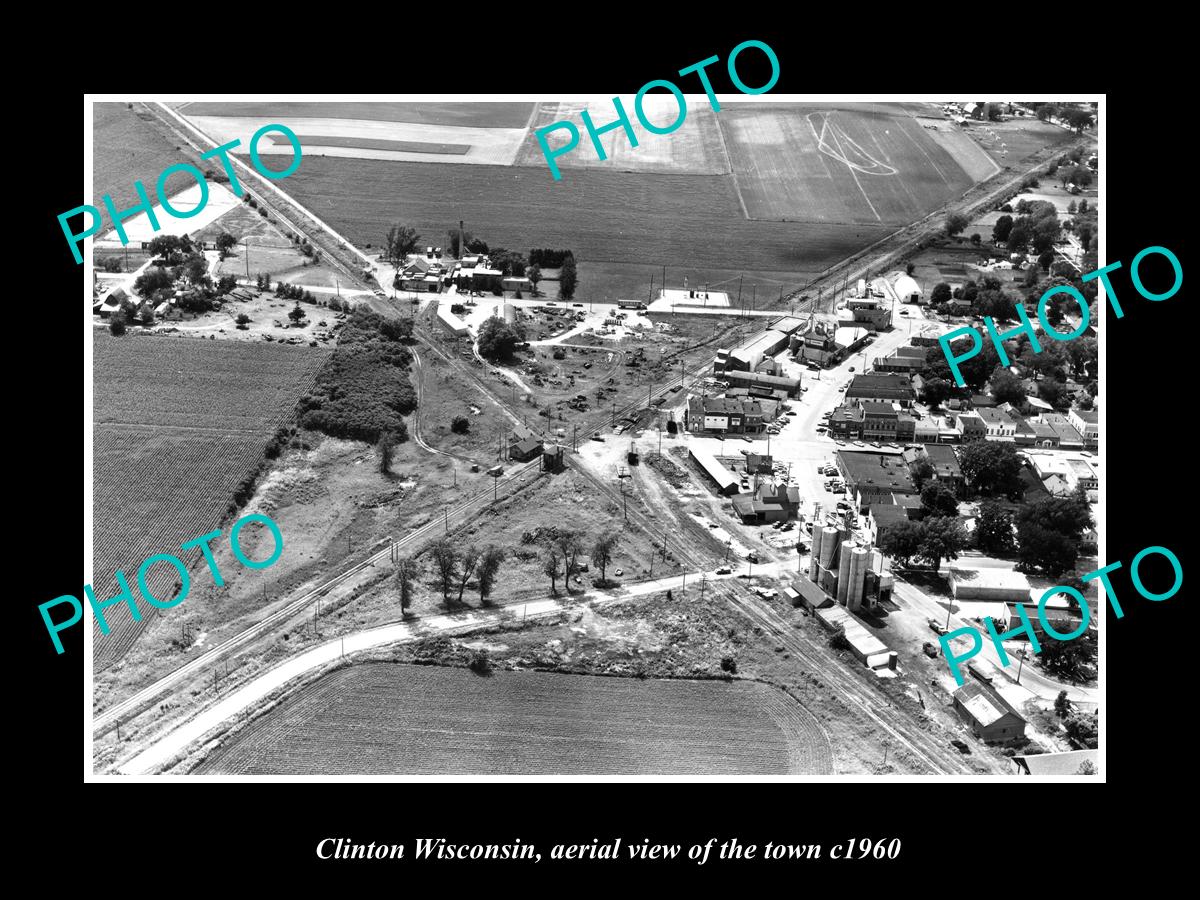 OLD LARGE HISTORIC PHOTO CLINTON WISCONSIN, AERIAL VIEW OF THE TOWN c1960