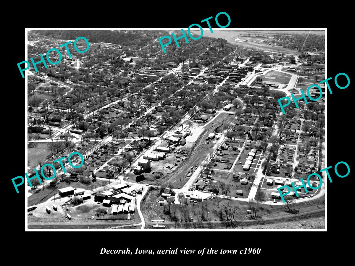 OLD LARGE HISTORIC PHOTO DECORAH IOWA, AERIAL VIEW OF THE TOWN c1960