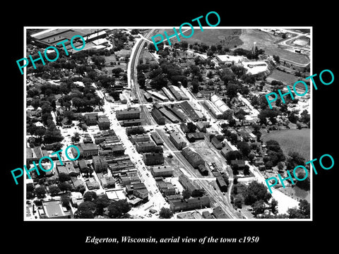 OLD LARGE HISTORIC PHOTO EDGERTON WISCONSIN, AERIAL VIEW OF THE TOWN c1950