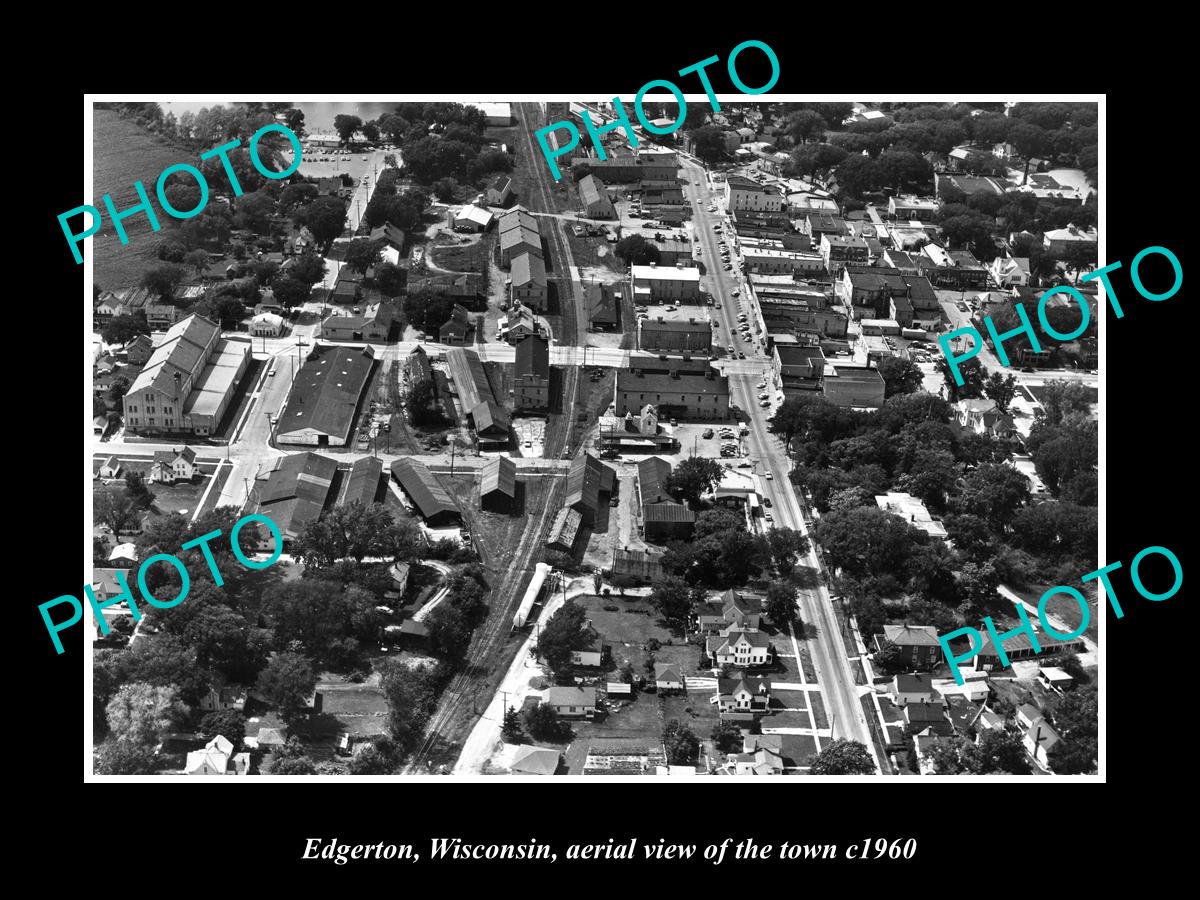 OLD LARGE HISTORIC PHOTO EDGERTON WISCONSIN, AERIAL VIEW OF THE TOWN c1960