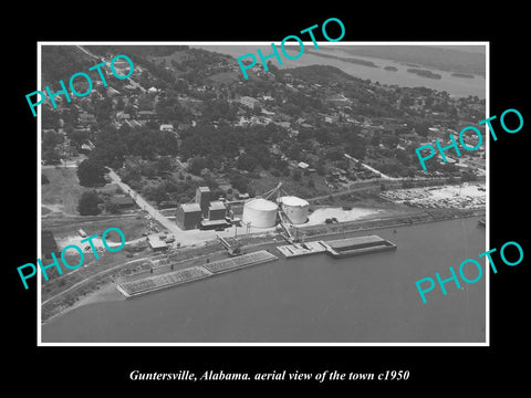 OLD LARGE HISTORIC PHOTO GUNTERSVILLE ALABAMA, AERIAL VIEW OF THE TOWN c1950