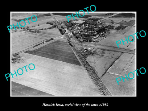 OLD LARGE HISTORIC PHOTO HORNICK IOWA, AERIAL VIEW OF THE TOWN c1950