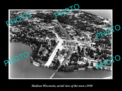 OLD LARGE HISTORIC PHOTO MADISON WISCONSIN, AERIAL VIEW OF THE TOWN c1950