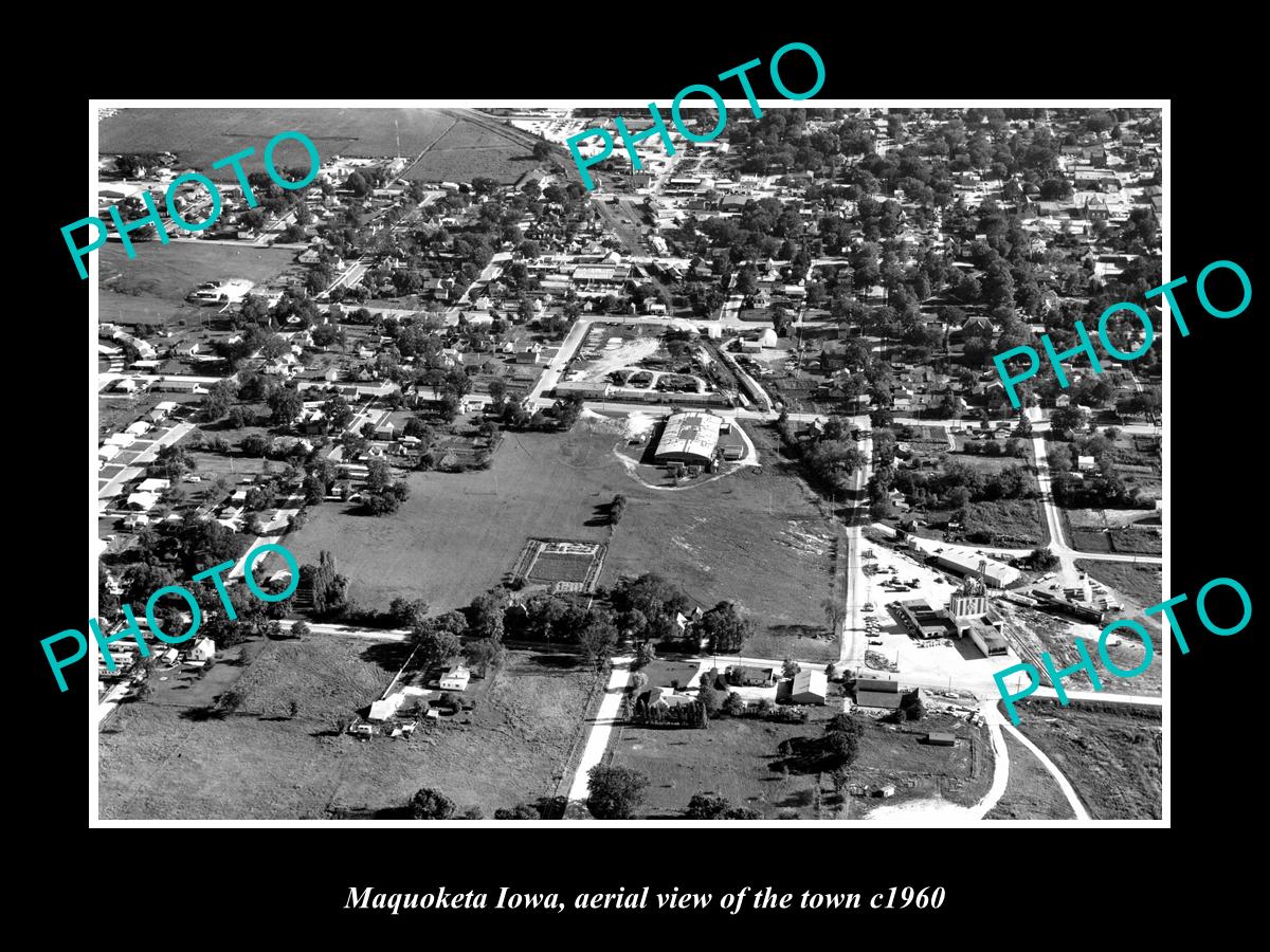 OLD LARGE HISTORIC PHOTO MAQUOKETA IOWA, AERIAL VIEW OF THE TOWN c1960