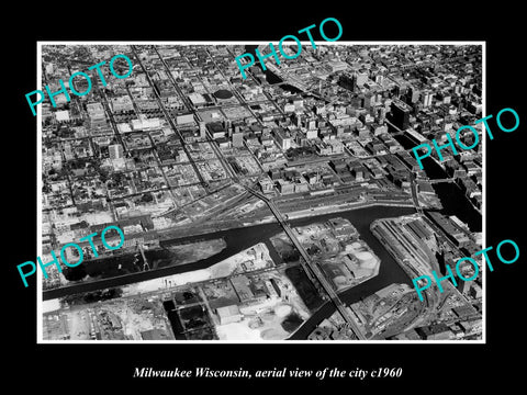 OLD LARGE HISTORIC PHOTO MILWAUKEE WISCONSIN, AERIAL VIEW OF THE TOWN c1960