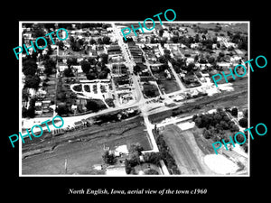 OLD LARGE HISTORIC PHOTO NORTH ENGLISH IOWA, AERIAL VIEW OF THE TOWN c1960