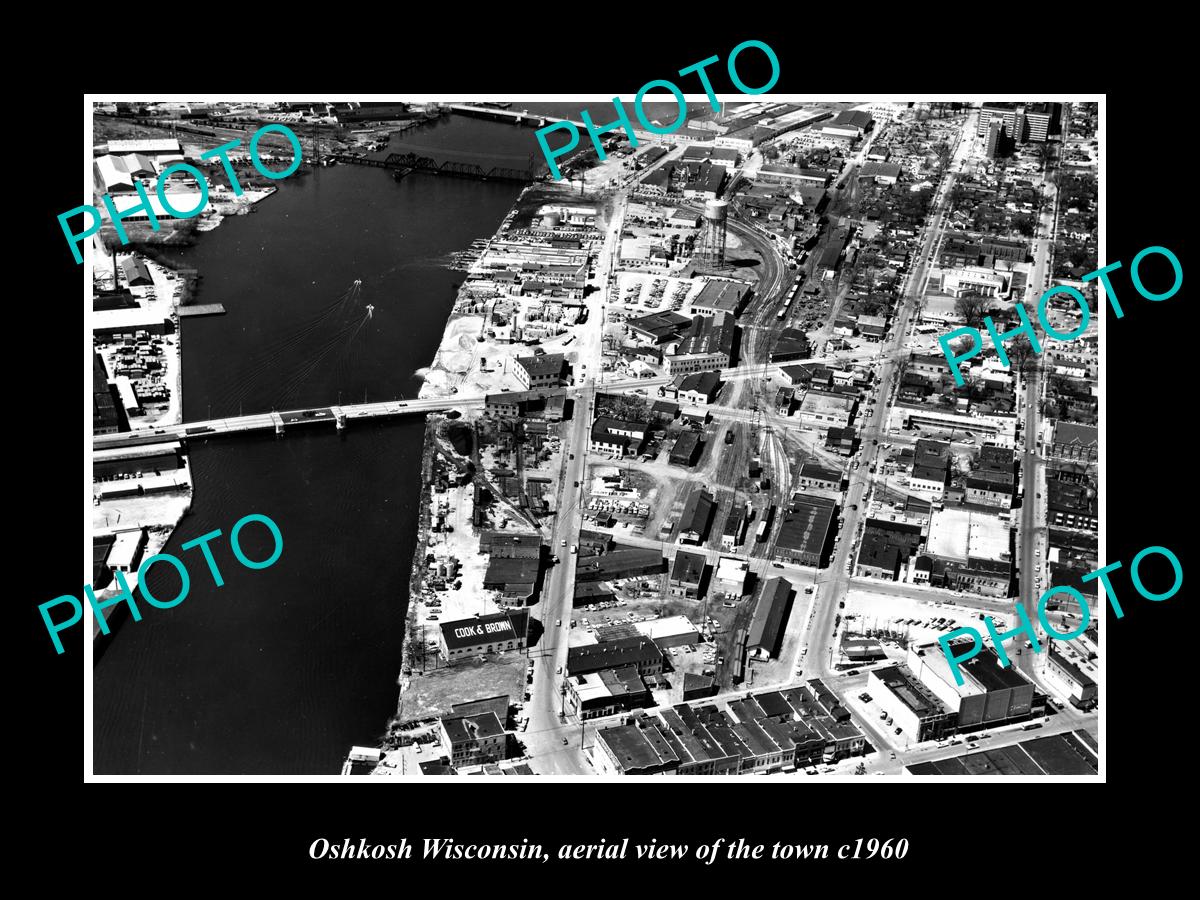 OLD LARGE HISTORIC PHOTO OSHKOSH WISCONSIN, AERIAL VIEW OF THE TOWN c1960 1