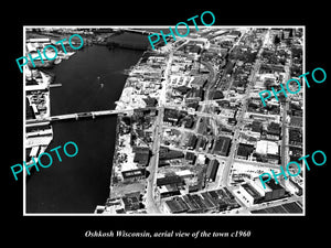 OLD LARGE HISTORIC PHOTO OSHKOSH WISCONSIN, AERIAL VIEW OF THE TOWN c1960 1