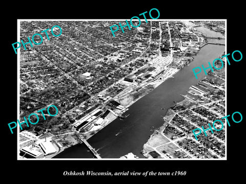 OLD LARGE HISTORIC PHOTO OSHKOSH WISCONSIN, AERIAL VIEW OF THE TOWN c1960 2