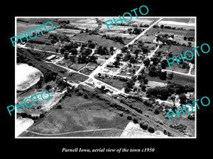 OLD LARGE HISTORIC PHOTO PARNELL IOWA, AERIAL VIEW OF THE TOWN c1950