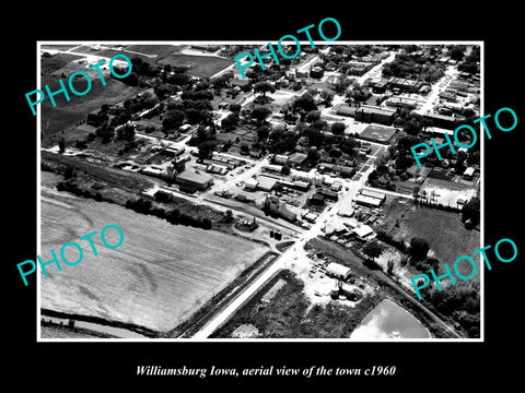 OLD LARGE HISTORIC PHOTO WILLIAMSBURG IOWA, AERIAL VIEW OF THE TOWN c1960