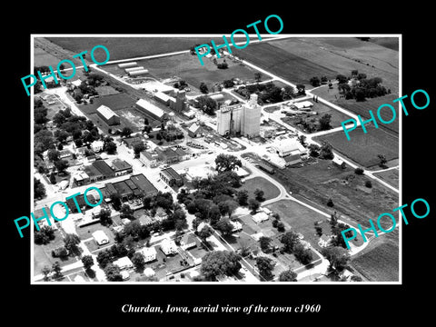 OLD LARGE HISTORIC PHOTO CHURDAN IOWA, AERIAL VIEW OF THE TOWN c1960