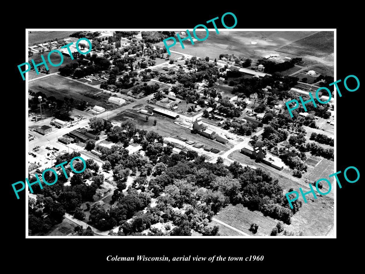 OLD LARGE HISTORIC PHOTO COLEMAN WISCONSIN, AERIAL VIEW OF THE TOWN c1960